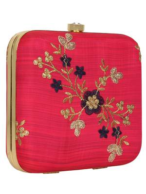 Anekaant Vista Embroidered Faux Silk Box Clutch Fuschia & Gold 2