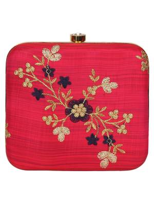 Anekaant Vista Embroidered Faux Silk Box Clutch Fuschia & Gold 3