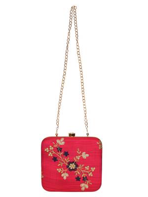 Anekaant Vista Embroidered Faux Silk Box Clutch Fuschia & Gold 4