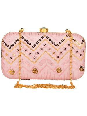 Web Embroidered Sequines Faux Silk Clutch Pastel Pink & Gold 1