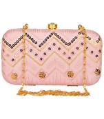 Anekaant Web Embroidered Sequines Faux Silk Clutch Pastel Pink & Gold