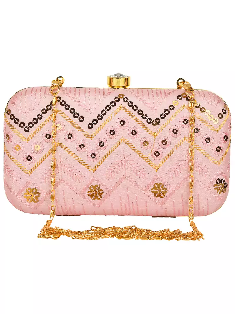 Anekaant Web Embroidered Sequines Faux Silk Clutch Pastel Pink & Gold
