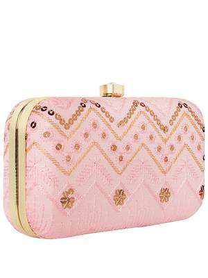 Web Embroidered Sequines Faux Silk Clutch Pastel Pink & Gold 2