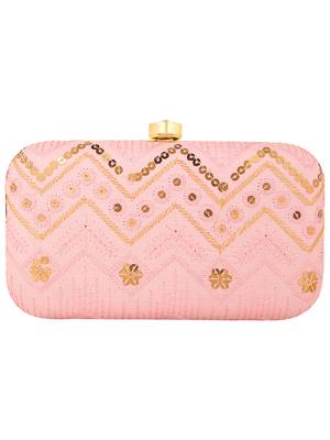 Web Embroidered Sequines Faux Silk Clutch Pastel Pink & Gold 3