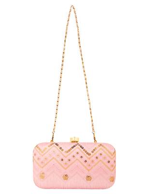 Web Embroidered Sequines Faux Silk Clutch Pastel Pink & Gold 4