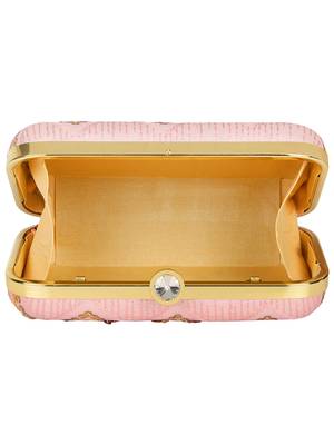 Web Embroidered Sequines Faux Silk Clutch Pastel Pink & Gold 5