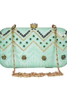Anekaant Web Embroidered Sequines Faux Silk Clutch Pastel Green & Gold