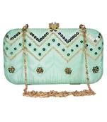 Anekaant Web Embroidered Sequines Faux Silk Clutch Pastel Green & Gold