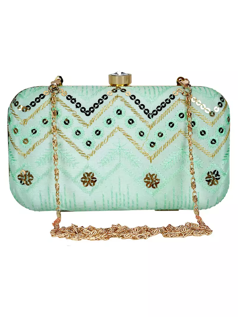 Anekaant Web Embroidered Sequines Faux Silk Clutch Pastel Green & Gold