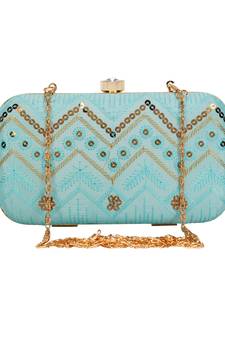 Anekaant Web Embroidered Sequines Faux Silk Clutch Powder Blue & Gold