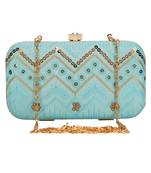 Anekaant Web Embroidered Sequines Faux Silk Clutch Powder Blue & Gold