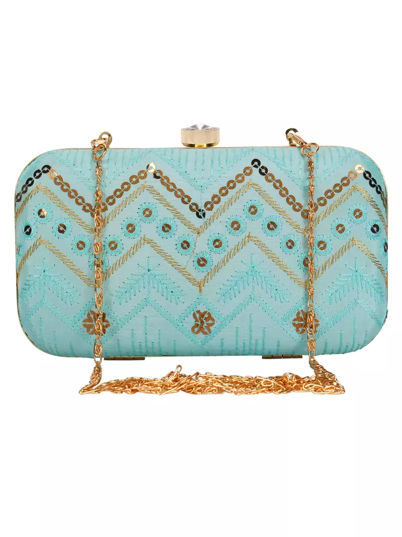 Anekaant Web Embroidered Sequines Faux Silk Clutch Powder Blue & Gold