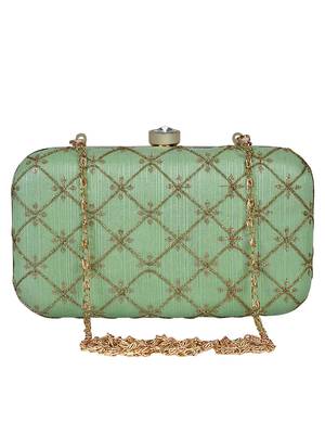 Anekaant Web Embroidered Sequines Faux Silk Clutch Pastel Green & Gold 1