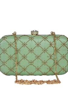Anekaant Web Embroidered Sequines Faux Silk Clutch Pastel Green & Gold
