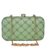 Anekaant Web Embroidered Sequines Faux Silk Clutch Pastel Green & Gold