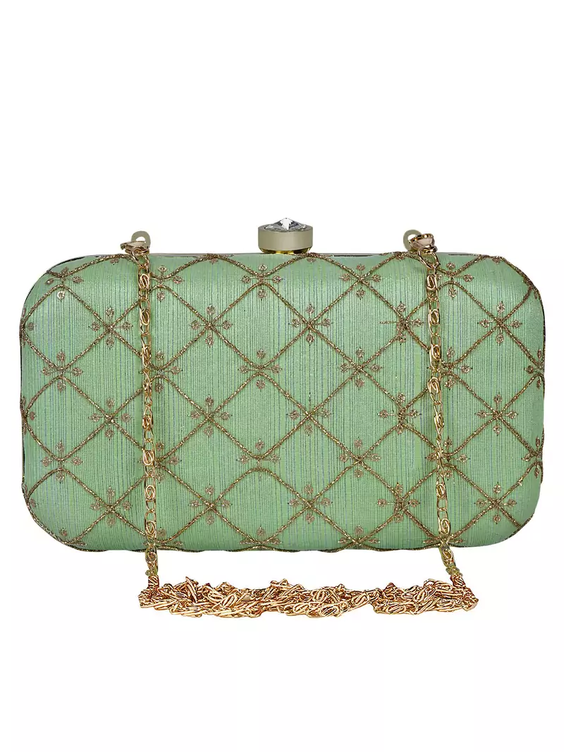 Anekaant Web Embroidered Sequines Faux Silk Clutch Pastel Green & Gold