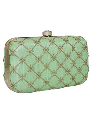 Anekaant Web Embroidered Sequines Faux Silk Clutch Pastel Green & Gold 2