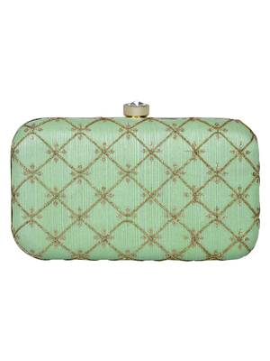 Anekaant Web Embroidered Sequines Faux Silk Clutch Pastel Green & Gold 3