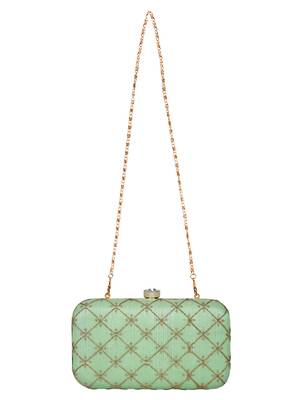 Anekaant Web Embroidered Sequines Faux Silk Clutch Pastel Green & Gold 4