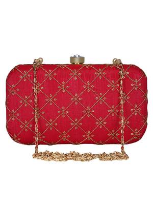 Anekaant Web Embroidered Sequines Faux Silk Clutch Red & Gold 1