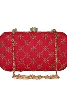 Anekaant Web Embroidered Sequines Faux Silk Clutch Red & Gold