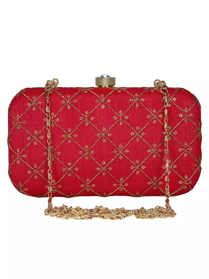 Anekaant Web Embroidered Sequines Faux Silk Clutch Red & Gold