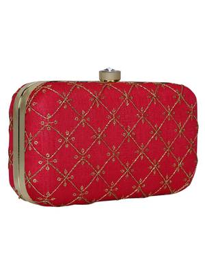 Anekaant Web Embroidered Sequines Faux Silk Clutch Red & Gold 2