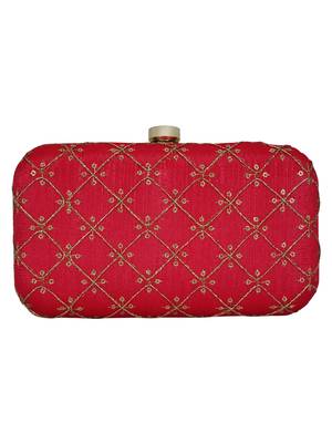 Anekaant Web Embroidered Sequines Faux Silk Clutch Red & Gold 3