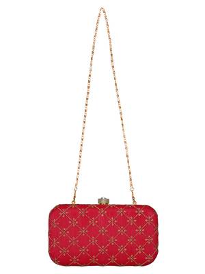 Anekaant Web Embroidered Sequines Faux Silk Clutch Red & Gold 4