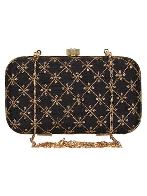 Anekaant Web Embroidered Sequines Faux Silk Clutch Black & Gold 1