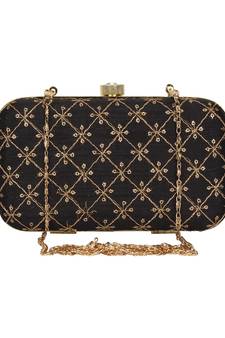 Anekaant Web Embroidered Sequines Faux Silk Clutch Black & Gold