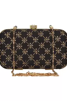 Anekaant Web Embroidered Sequines Faux Silk Clutch Black & Gold