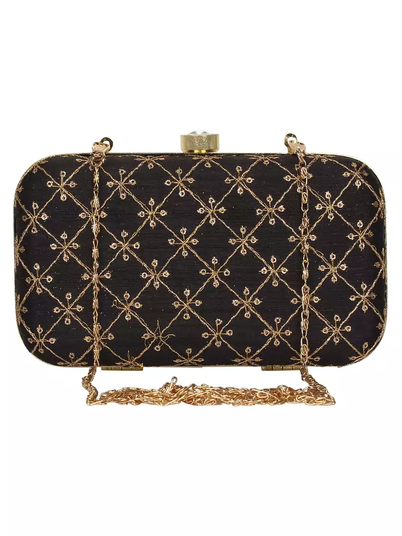 Anekaant Web Embroidered Sequines Faux Silk Clutch Black & Gold