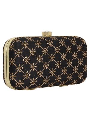 Anekaant Web Embroidered Sequines Faux Silk Clutch Black & Gold 2