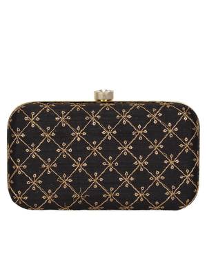 Anekaant Web Embroidered Sequines Faux Silk Clutch Black & Gold 3