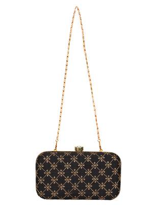 Anekaant Web Embroidered Sequines Faux Silk Clutch Black & Gold 4