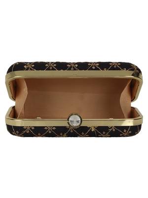Anekaant Web Embroidered Sequines Faux Silk Clutch Black & Gold 5