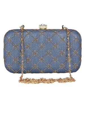 Anekaant Web Embroidered Sequines Faux Silk Clutch Grey & Gold 1