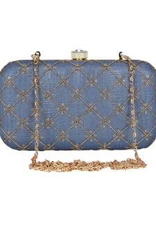 Anekaant Web Embroidered Sequines Faux Silk Clutch Grey & Gold