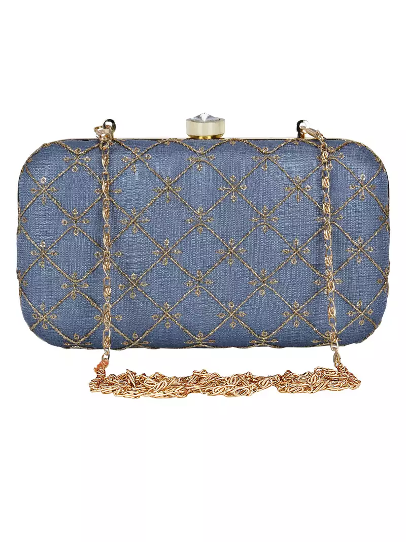 Anekaant Web Embroidered Sequines Faux Silk Clutch Grey & Gold