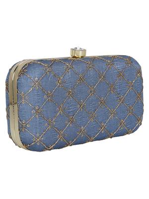 Anekaant Web Embroidered Sequines Faux Silk Clutch Grey & Gold 2