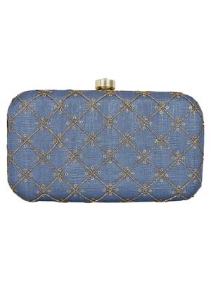 Anekaant Web Embroidered Sequines Faux Silk Clutch Grey & Gold 3