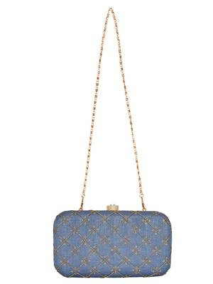 Anekaant Web Embroidered Sequines Faux Silk Clutch Grey & Gold 4