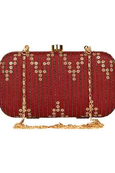 Anekaant Web Textured Sequines Faux Silk Clutch Maroon & Gold