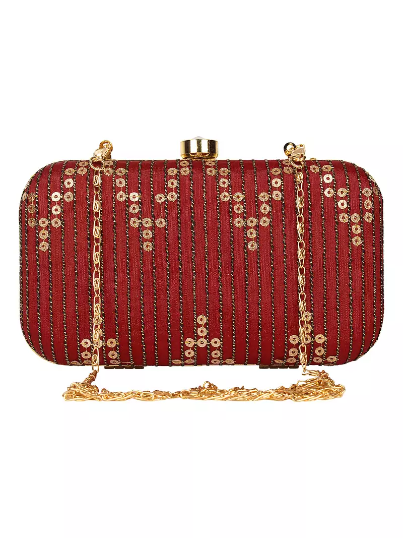 Anekaant Web Textured Sequines Faux Silk Clutch Maroon & Gold