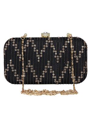 Anekaant Web Textured Sequines Faux Silk Clutch Black & Gold 1