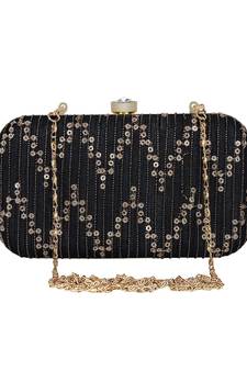 Anekaant Web Textured Sequines Faux Silk Clutch Black & Gold