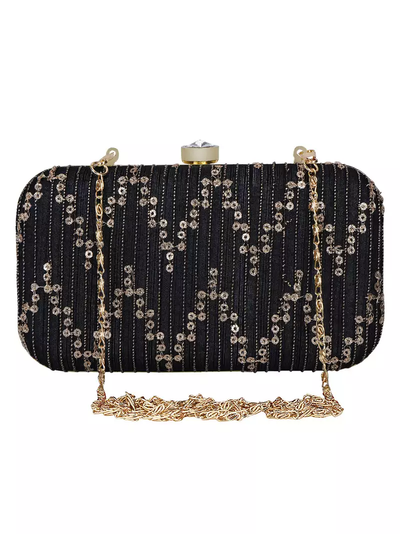 Anekaant Web Textured Sequines Faux Silk Clutch Black & Gold