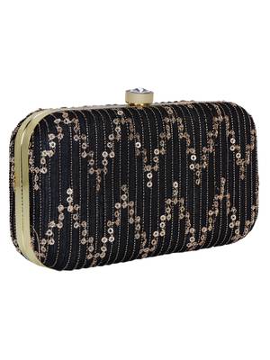 Anekaant Web Textured Sequines Faux Silk Clutch Black & Gold 2