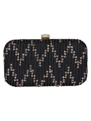 Anekaant Web Textured Sequines Faux Silk Clutch Black & Gold 3